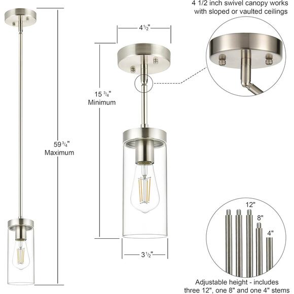 Milano Brushed Nickel clear glass Pendant Light, E26 base, Height adjustable - Picture 2 of 3